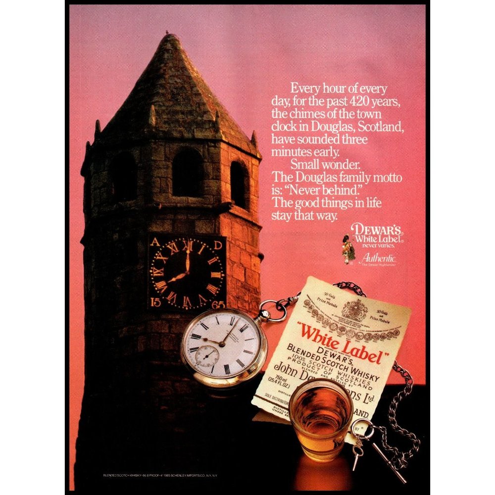 1984 Dewars Scotch Whisky Vintage Print Ad Douglas Scotland Clock Tower Wall Art